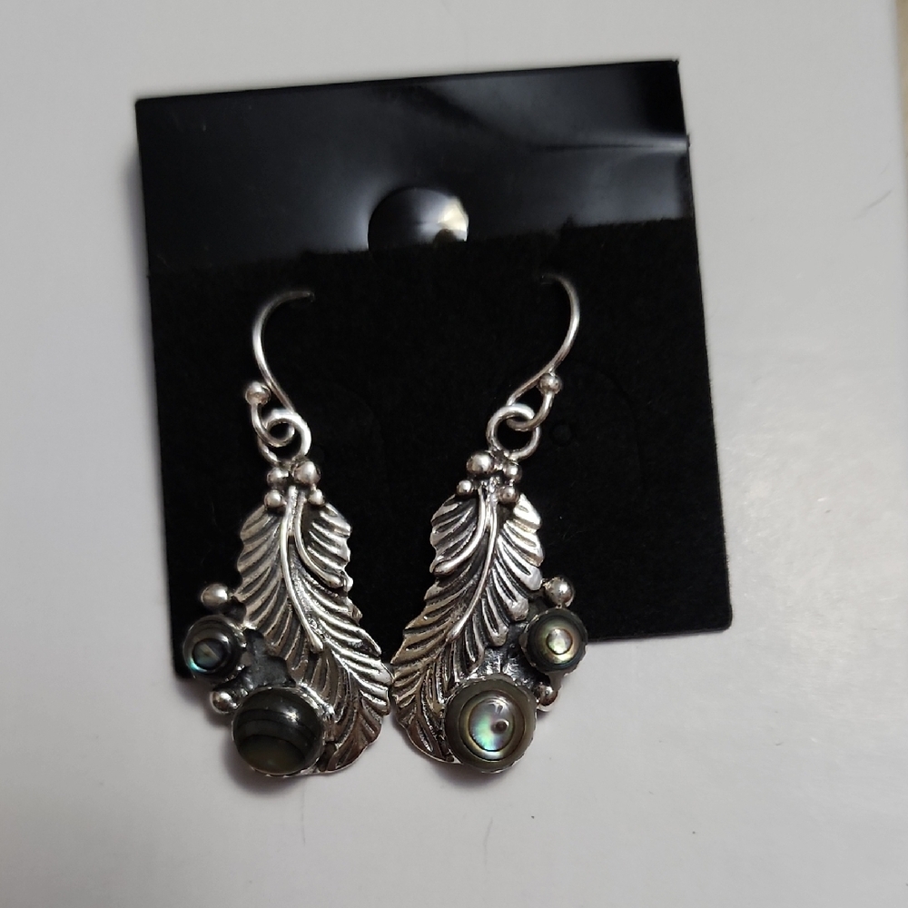 Sterling Silver Double Natural Abalone Feather Earrings